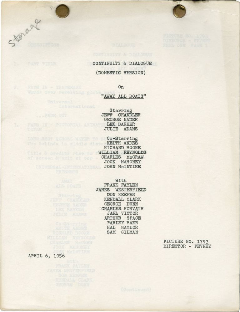 Book #128327] Away All Boats (Domestic post-production script for the 1956 film). Joseph Pevney,...