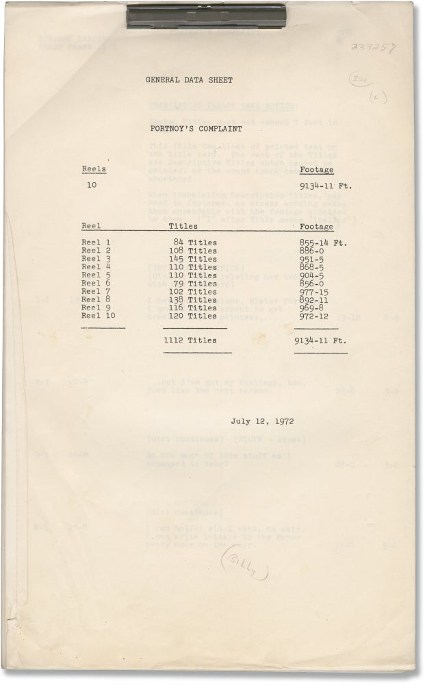 Book #130717] Portnoy's Complaint (Original post-production script for the 1972 film). Ernest...