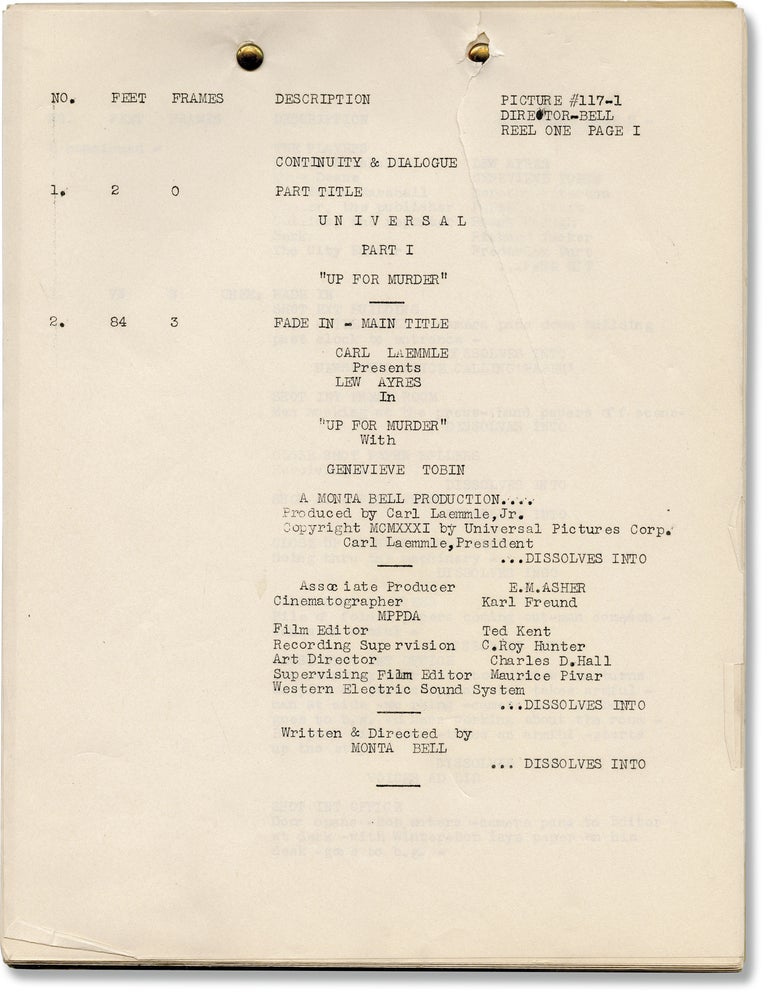 Book #130935] Up for Murder (Original post-production script for the 1931 film). Monta Bell, Lew...