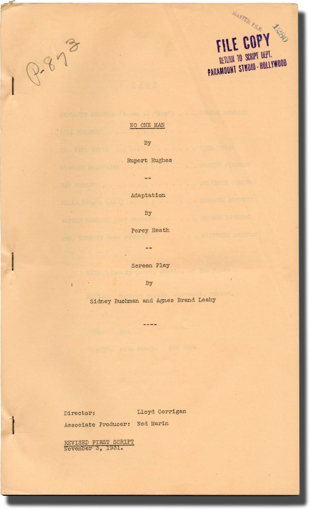 Book #130961] No One Man (Original screenplay for the 1932 film). Lloyd Corrigan, Sidney Buchman,...
