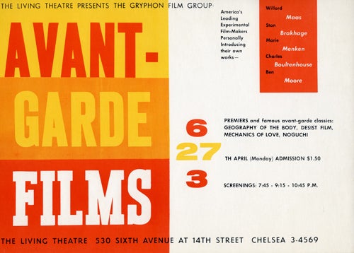 [Book #131276] Avant-Garde Films presented by The Gryphon Film Group at the Living Theatre in New York, April 27th, 1959. The Living Theatre, Marie Menken Stan Brakhage, Willard Maas, directors.