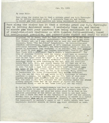 Book #132649] Letter to William Burroughs from Terry Southern (One page typescript letter). Terry...