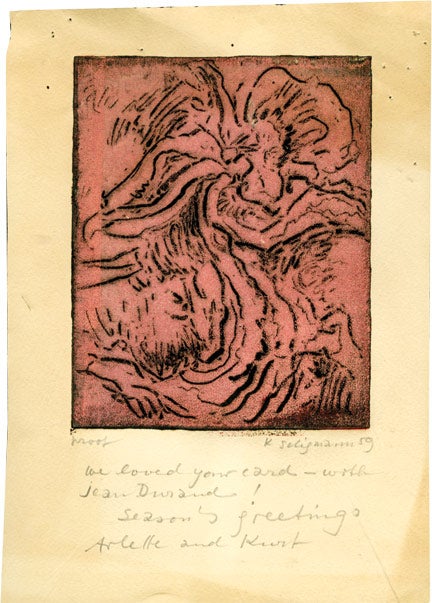 [Book #133383] Christmas card titled "Moor," made by Kurt Seligmann, inscribed to Amos Vogel in 1959. Amos Vogel, Kurt Seligmann, artist.