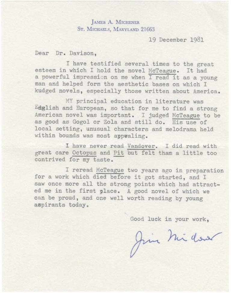 Book #134295] Typed letter signed from James Michener, discussing the influence of Frank Norris'...