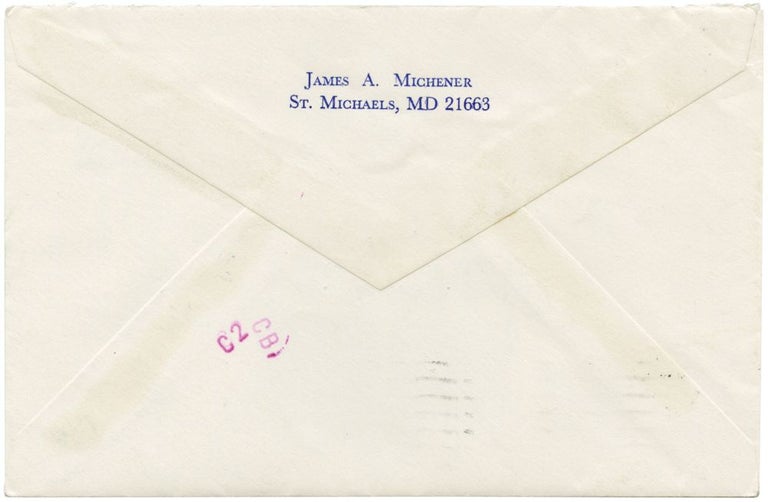 Typed letter signed from James Michener, discussing the influence of Frank Norris' "McTeague" on his work