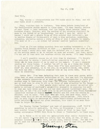 Book #134299] Lengthy typed letter signed from Stan Brakhage to Will Petersen. Stan Brakhage