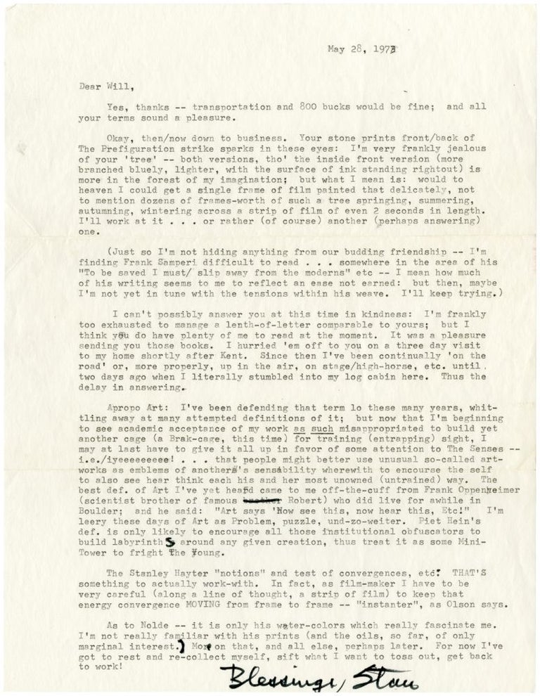 [Book #134299] Lengthy typed letter signed from Stan Brakhage to Will Petersen. Stan Brakhage.