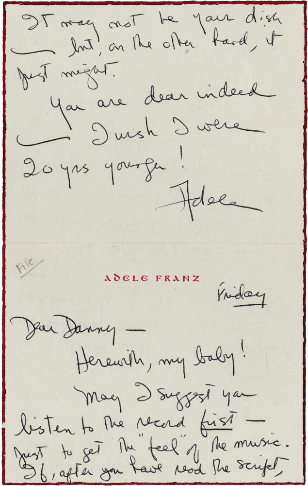 [Book #134604] Autograph Note from Adele Franz [Longmire] signed to Daniel Selznick, 1969. Adele Franz, Daniel Selznick, composer, producer, Longmire.