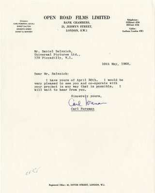 Book #134606] Typed letter signed from Carl Foreman to Daniel Selznick, 1968. Carl Foreman,...