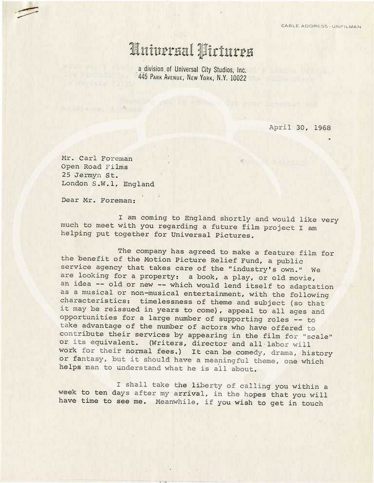 Typed letter signed from Carl Foreman to Daniel Selznick, 1968