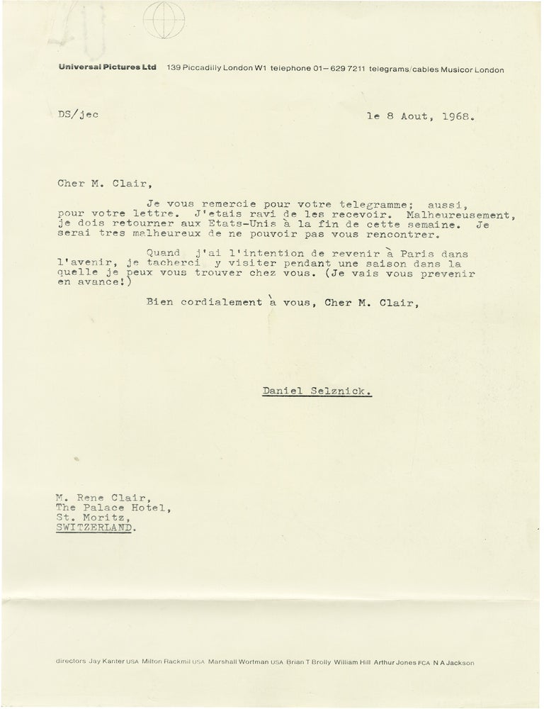 Autograph letter signed from Rene Clair to Daniel Selznick, 1968