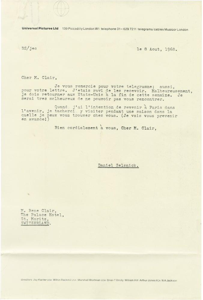 Autograph letter signed from René Clair to Daniel Selznick, 1968