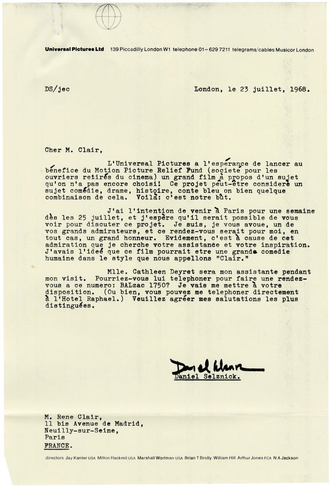 Autograph letter signed from René Clair to Daniel Selznick, 1968