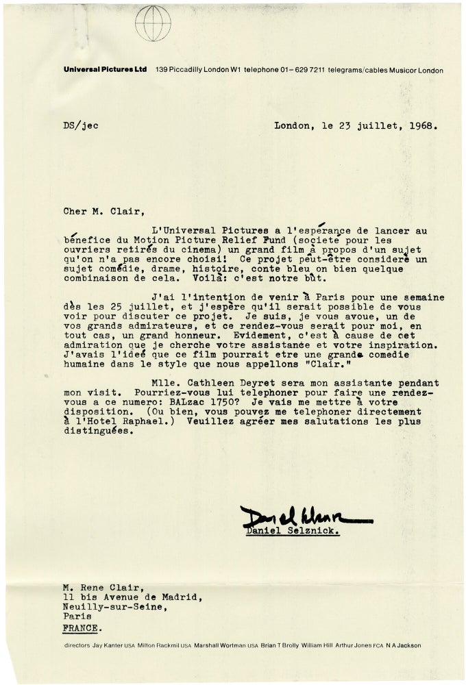 Autograph letter signed from Rene Clair to Daniel Selznick, 1968