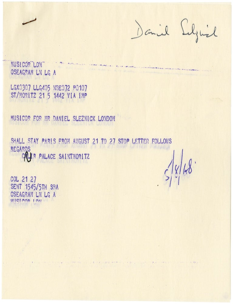 Autograph letter signed from Rene Clair to Daniel Selznick, 1968