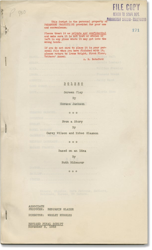 Book #137009] Bolero (Original screenplay for the 1934 film). Carole Lombard George Raft, Sally...