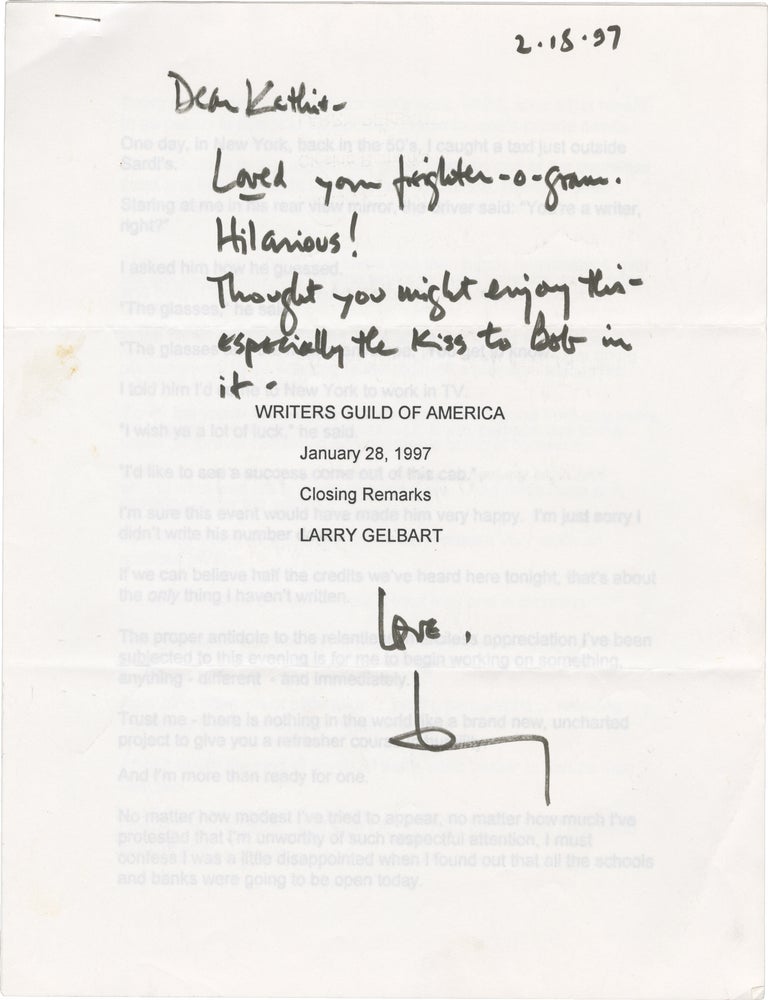 Archive of correspondence and ephemera from Larry Gelbart to Robert Parrish