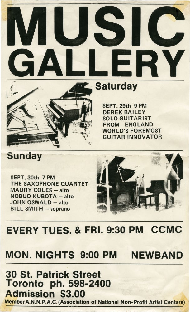 [Book #138880] Original flyer for two performances at the Music Gallery by Derek Bailey and The Saxophone Quartet, 1984. Derek, Nobuo Kubota Bailey Maury Coles, Bill Smith, John Oswald, performing.