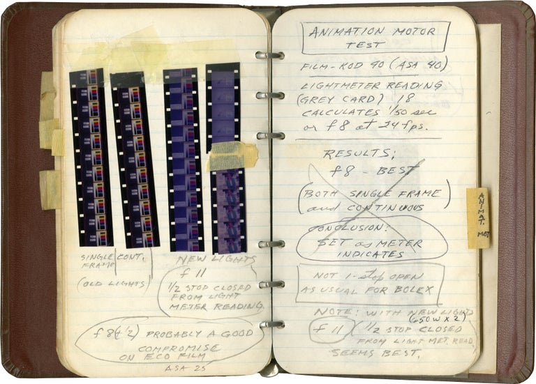 Notebook containing film strips, technical notes and tests results for film and camera settings, including "Multiple SIDosis"