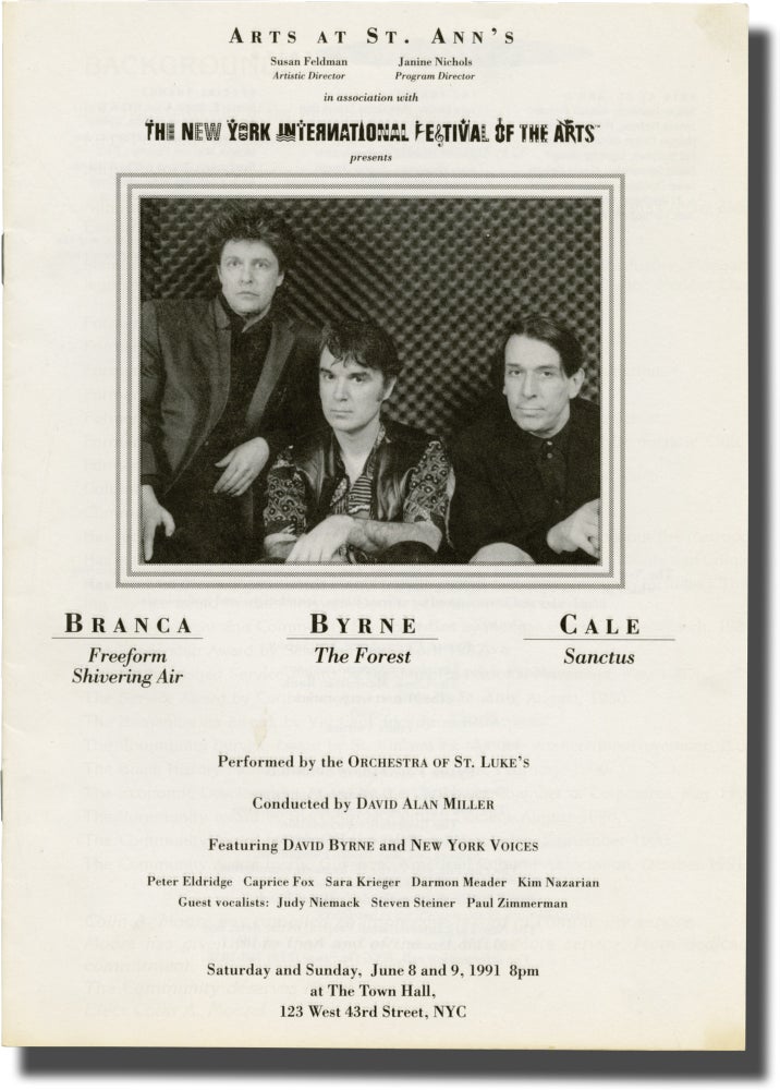 [Book #140752] Original Program for a performance of three pieces by the Orchestra of St. Lukes. Orchestra of St. Luke's, John Cale Glenn Branca, David Byrne, New York Voices, composers, performer composer, performers.