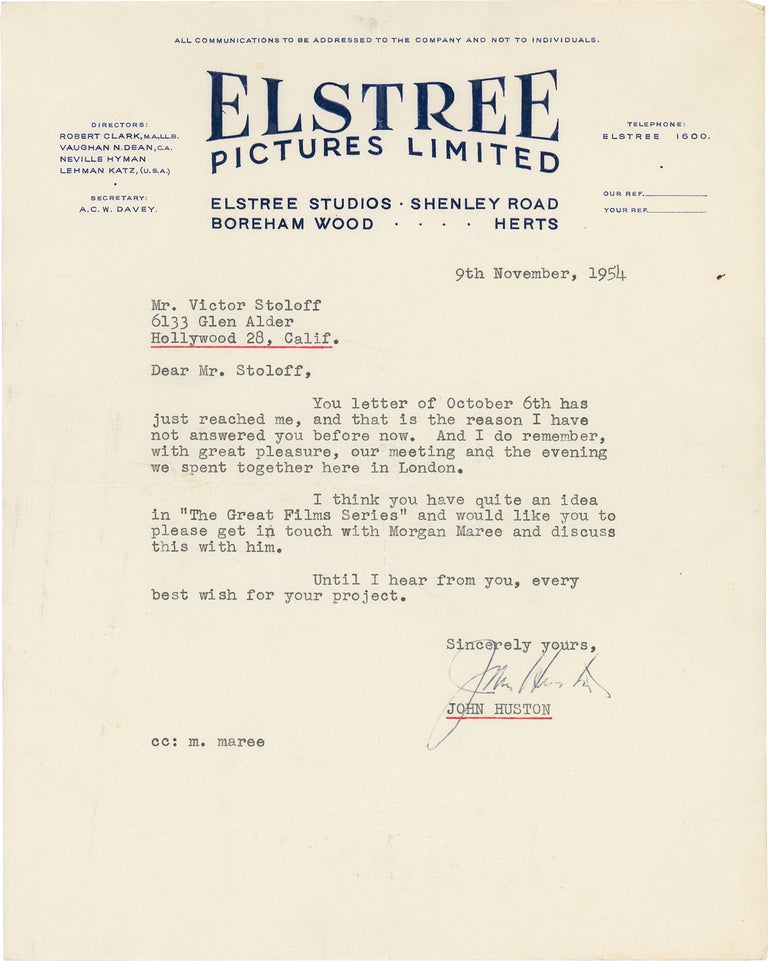 Book #141793] Typed Letter Signed to Victor Stoloff regarding "The Great Films Series" John Huston