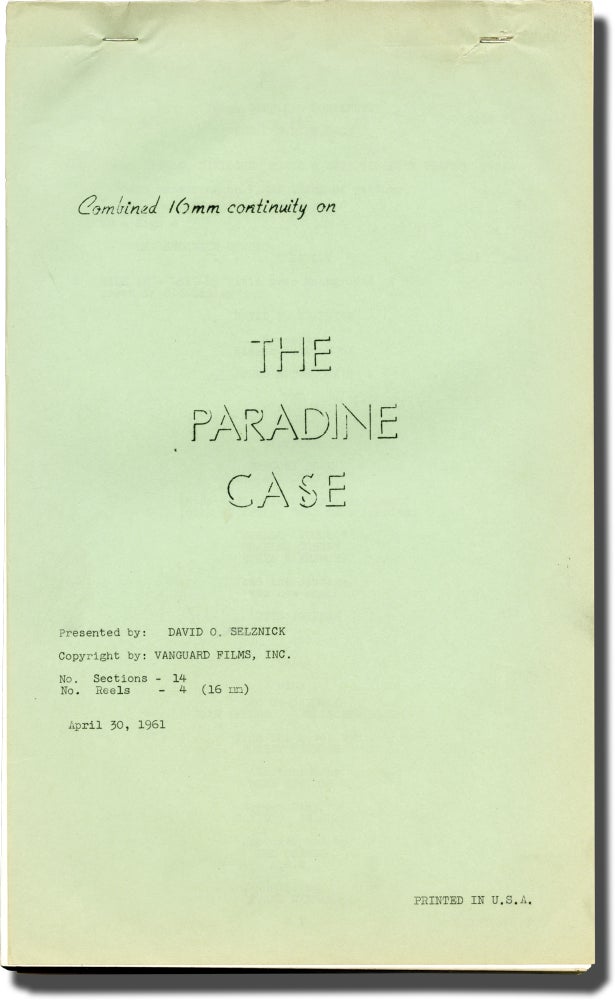 [Book #143503] The Paradine Case. Alfred Hitchcock, Robert Hitchens, James Bridie Ben Hecht, Alma Reville, Charles Laughton Gregory Peck, director, novel, screenwriters, starring.