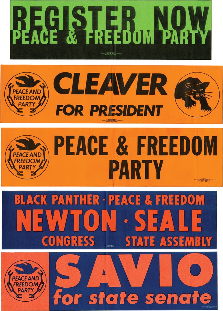 [Book #143730] Five original Black Panther / Peace and Freedom Party oversize bumper stickers. Black Panthers, Peace, Freedom Party, subjects.