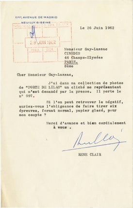 Book #144443] Typed Letter Signed from René Clair to Monsieur Gay-Lussac, 1962. René Clair