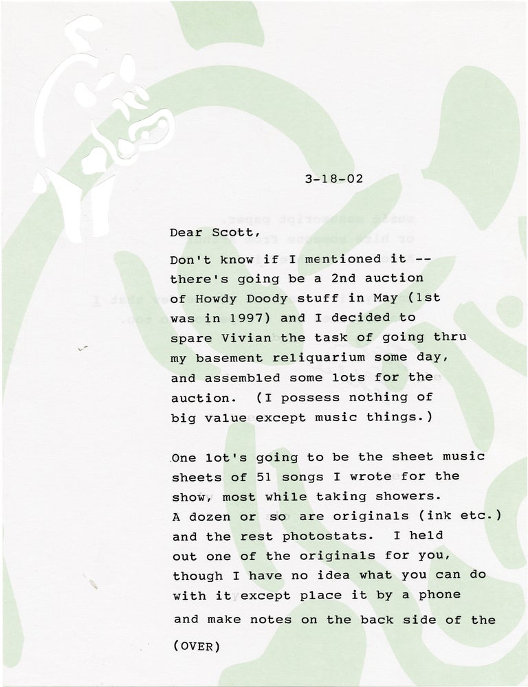 "It's a Howdy Doody World" song manuscript and typed letter signed by composer Edward Kean, circa 1949
