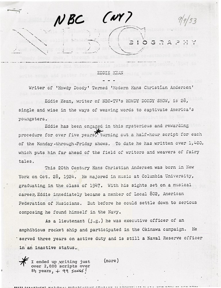 "It's a Howdy Doody World" song manuscript and typed letter signed by composer Edward Kean, circa 1949