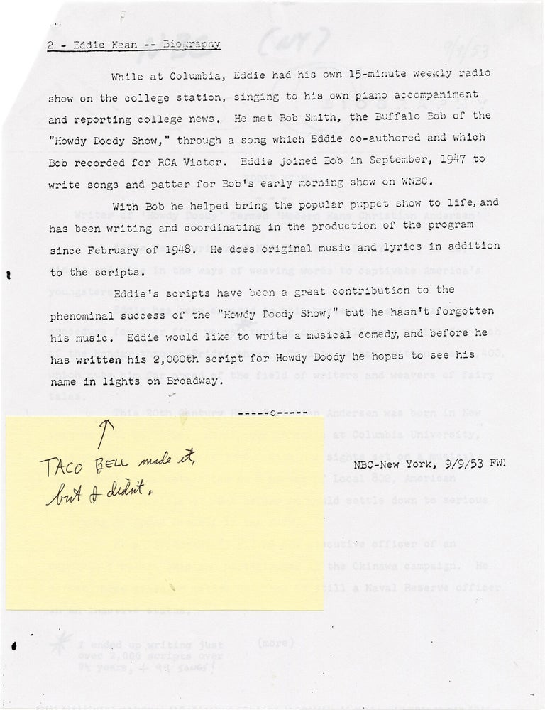 "It's a Howdy Doody World" song manuscript and typed letter signed by composer Edward Kean, circa 1949
