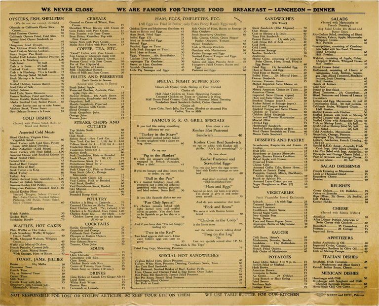 Menu for the RKO Grill, San Francisco, California