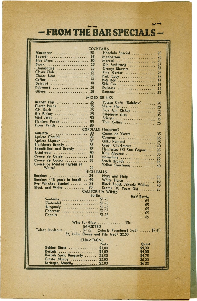 Menu for the RKO Grill, San Francisco, California