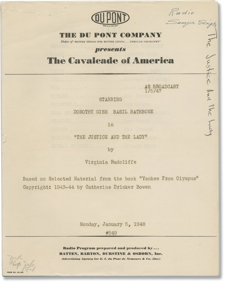 Book #146008] The Cavalcade of America: The Justice and the Lady (Original script for the 1947...