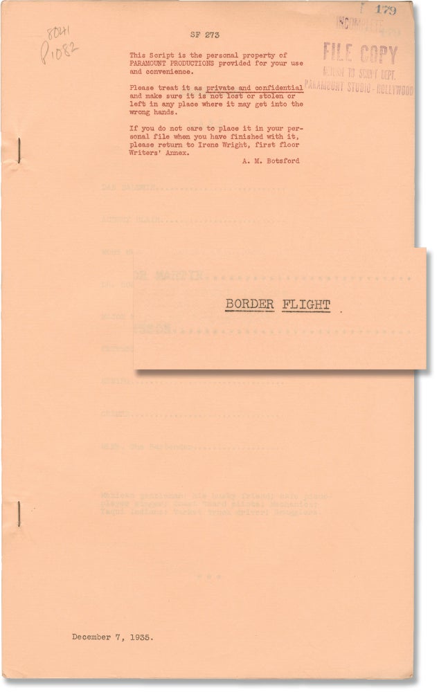 Book #146064] Border Flight (Original screenplay for the 1936 film). Otho Lovering, Arthur J....