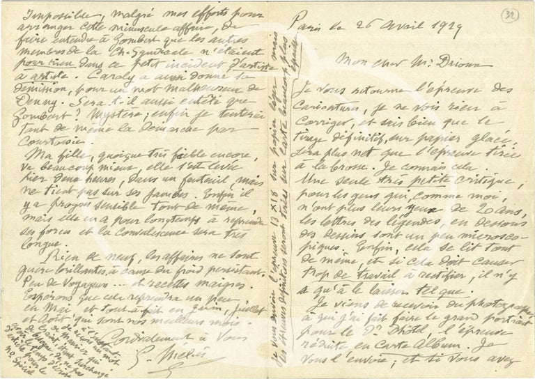 Archive of six handwritten letters by director Georges Méliès regarding his career in the theater, cinema, and as a merchant, circa 1928-1932