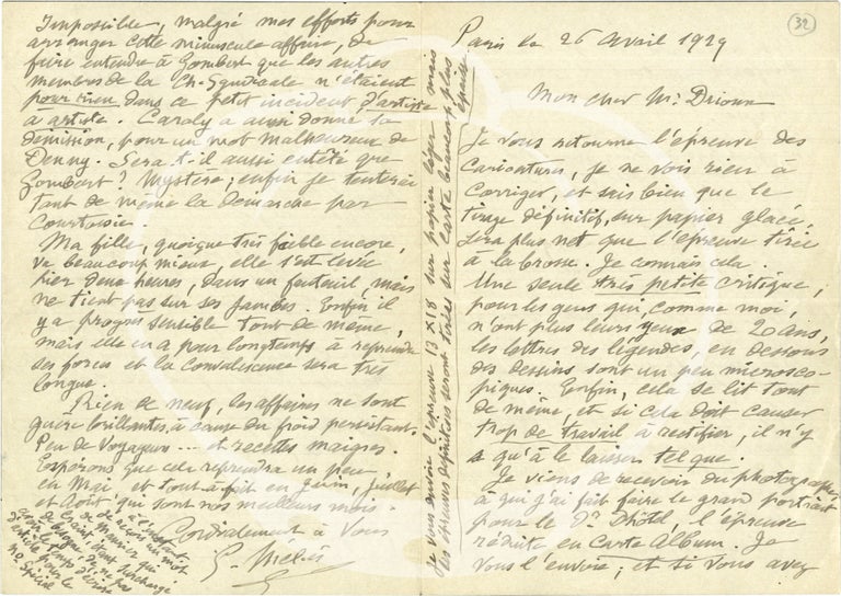[Book #147302] Archive of 6 handwritten letters by director George Méliès regarding his career in the theater, cinema, and as a merchant, circa 1928-1932. Silent Film, Georges Méliès, Archives.
