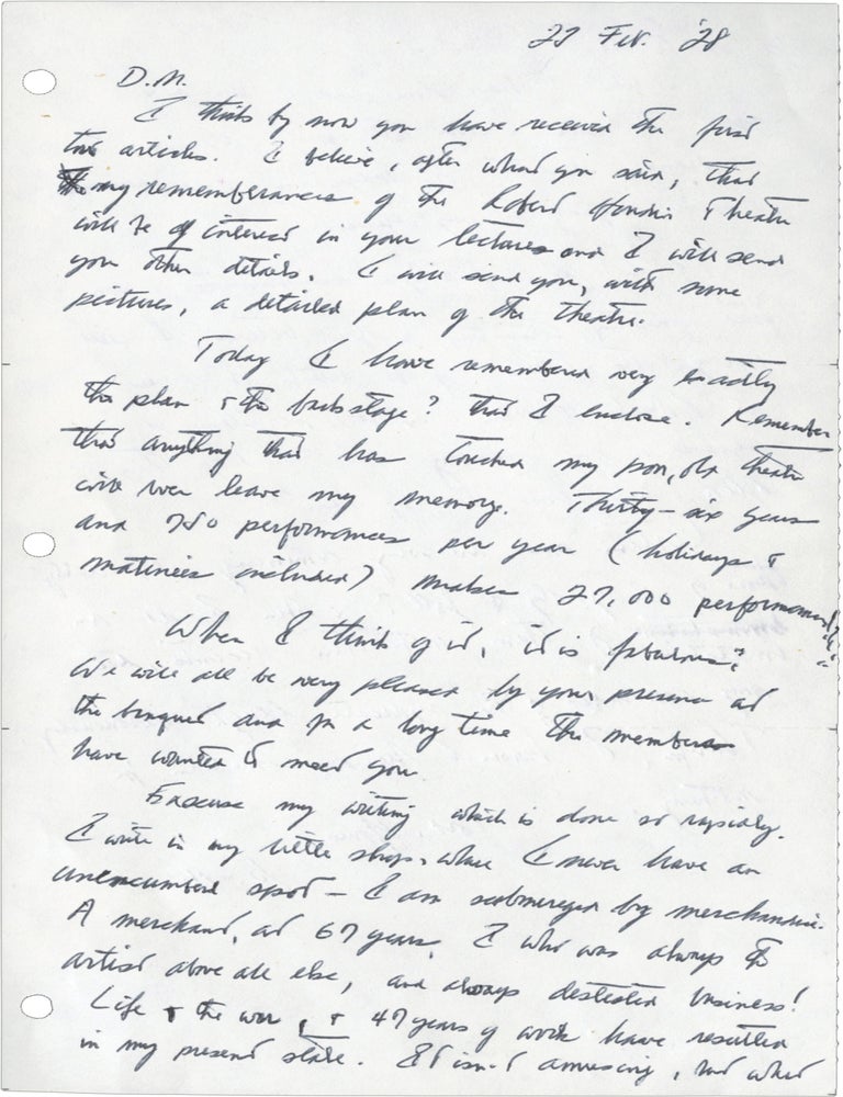 Archive of six handwritten letters by director Georges M&eacute;li&egrave;s regarding his career in the theater, cinema, and as a merchant, circa 1928-1932