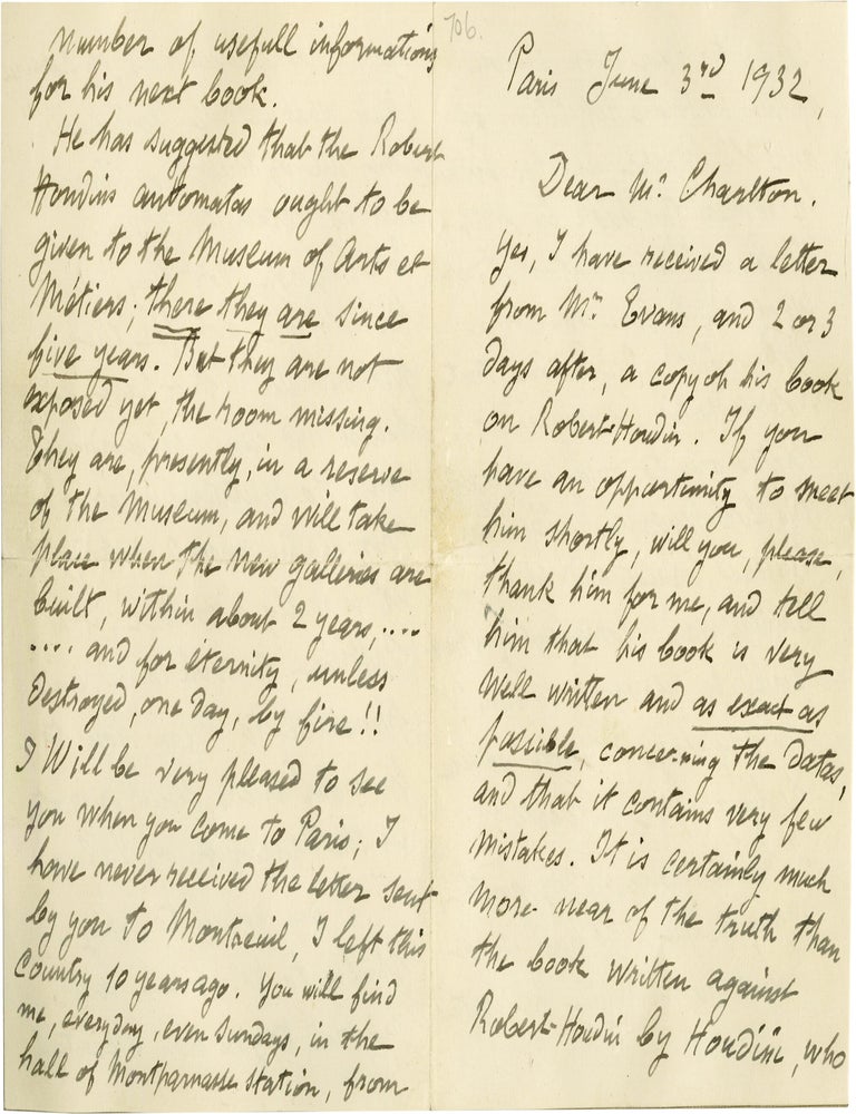 Archive of six handwritten letters by director Georges M&eacute;li&egrave;s regarding his career in the theater, cinema, and as a merchant, circa 1928-1932