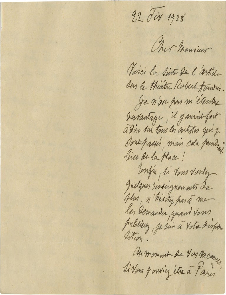 Archive of six handwritten letters by director Georges M&eacute;li&egrave;s regarding his career in the theater, cinema, and as a merchant, circa 1928-1932