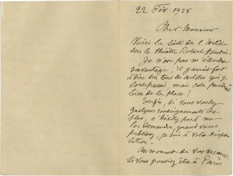 Archive of six handwritten letters by director Georges Méliès regarding his career in the theater, cinema, and as a merchant, circa 1928-1932