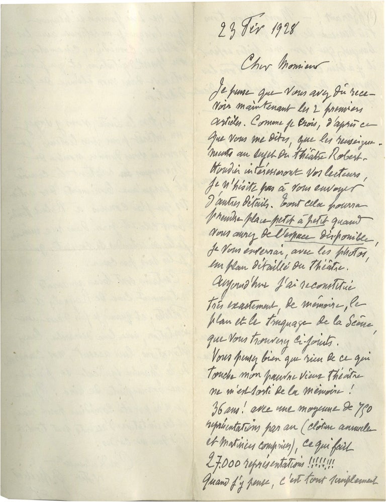 Archive of six handwritten letters by director Georges M&eacute;li&egrave;s regarding his career in the theater, cinema, and as a merchant, circa 1928-1932