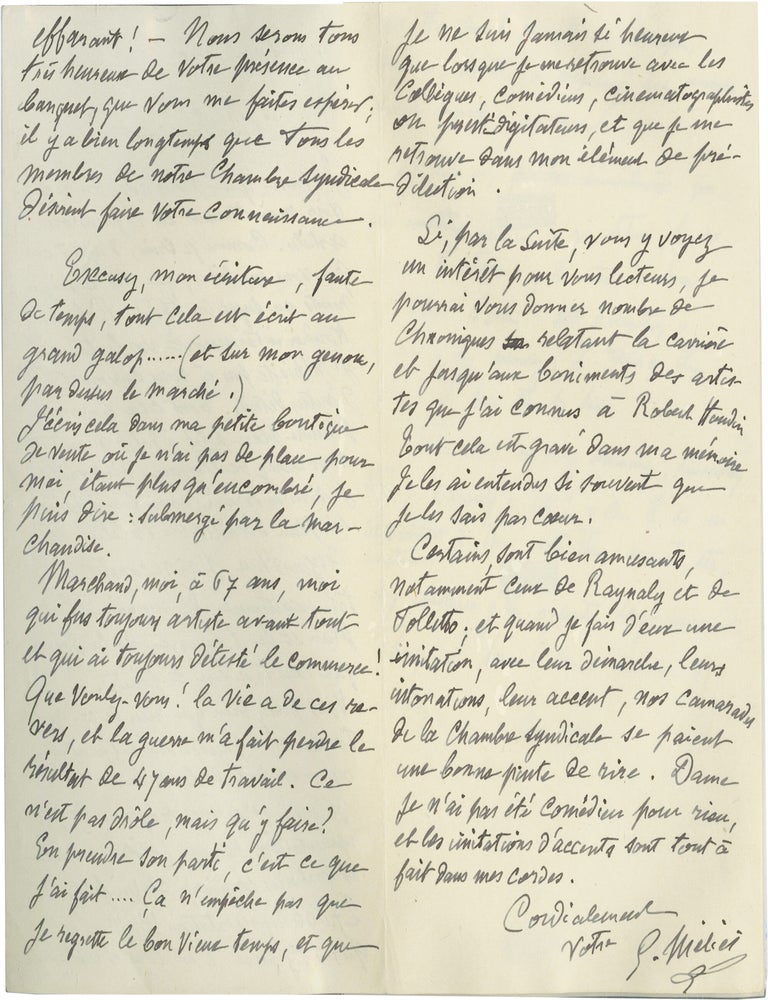 Archive of six handwritten letters by director Georges M&eacute;li&egrave;s regarding his career in the theater, cinema, and as a merchant, circa 1928-1932