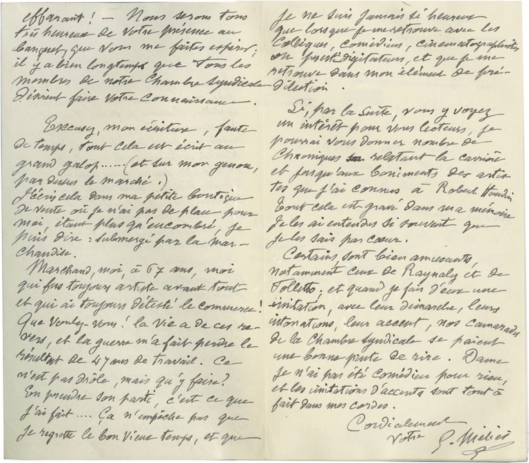 Archive of six handwritten letters by director Georges Méliès regarding his career in the theater, cinema, and as a merchant, circa 1928-1932