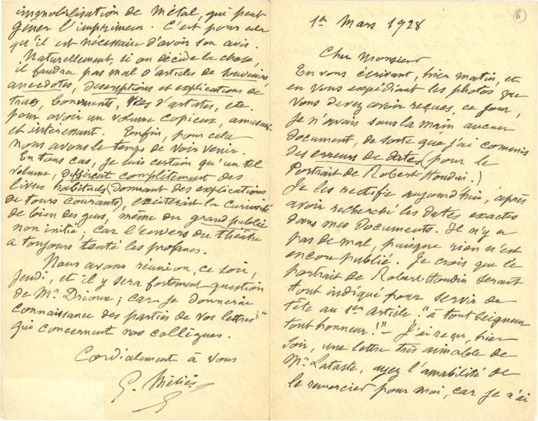 Archive of six handwritten letters by director Georges Méliès regarding his career in the theater, cinema, and as a merchant, circa 1928-1932