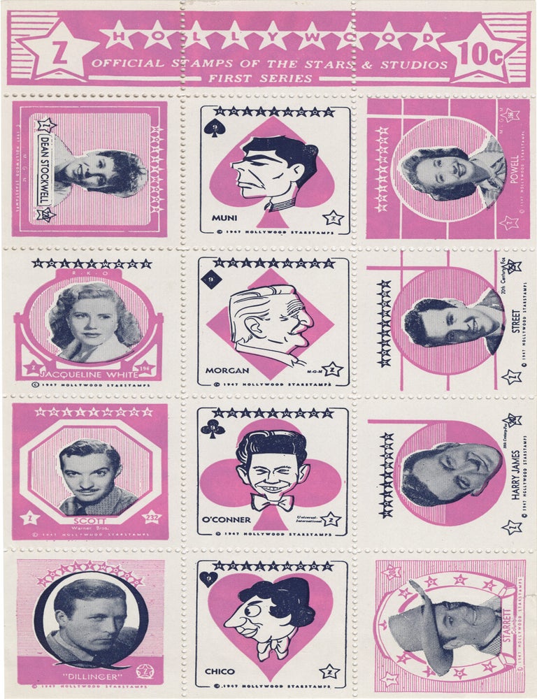 Three-sheets of Hollywood Official Stamps of the Stars and Studios postage stamps, circa 1947