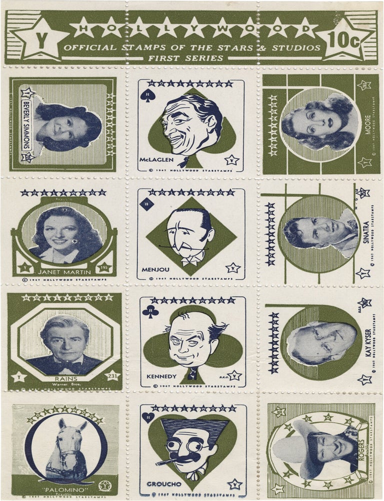 Three-sheets of Hollywood Official Stamps of the Stars and Studios postage stamps, circa 1947