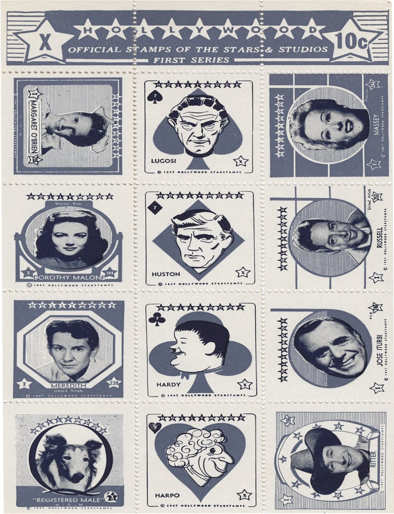 Three-sheets of Hollywood Official Stamps of the Stars and Studios postage stamps, circa 1947