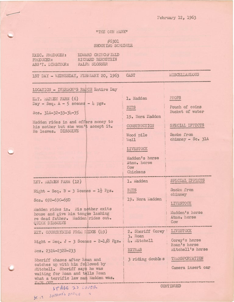 Book #148136] The Gun Hawk (Original shooting schedule for the 1963 film). Edward Ludwig, Max...