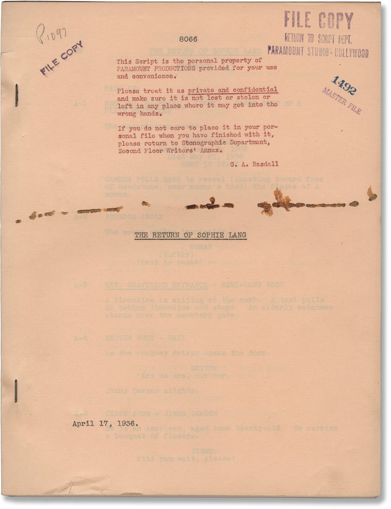 The Return of Sophie Lang (Original screenplay for the 1936 film